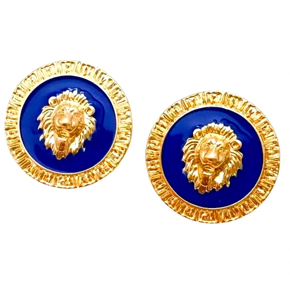 EARRINGS: Blue & Gold Tone Lion Head Stud Zinc Alloy, NIP